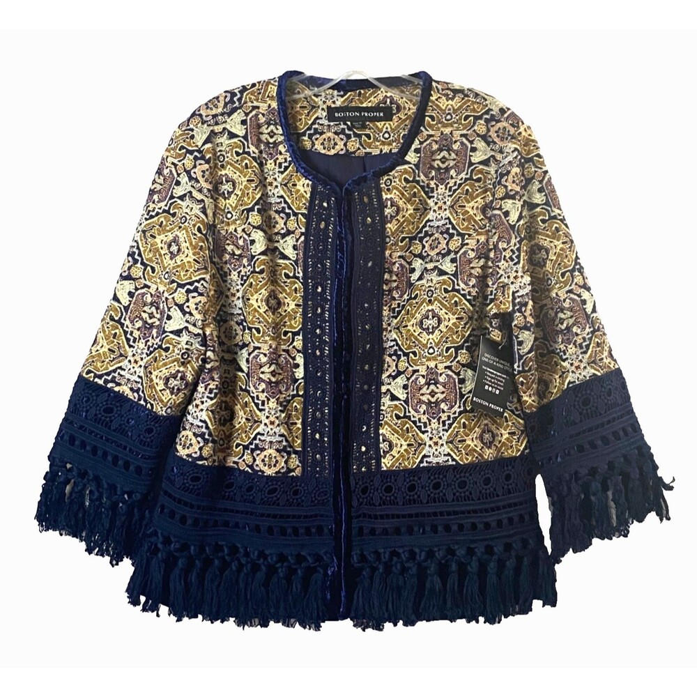 Boston Proper Fringe Tapestry Novelty Jacket Velvet Trim Size 14 Multicolor NWOT - Picture 1 of 16